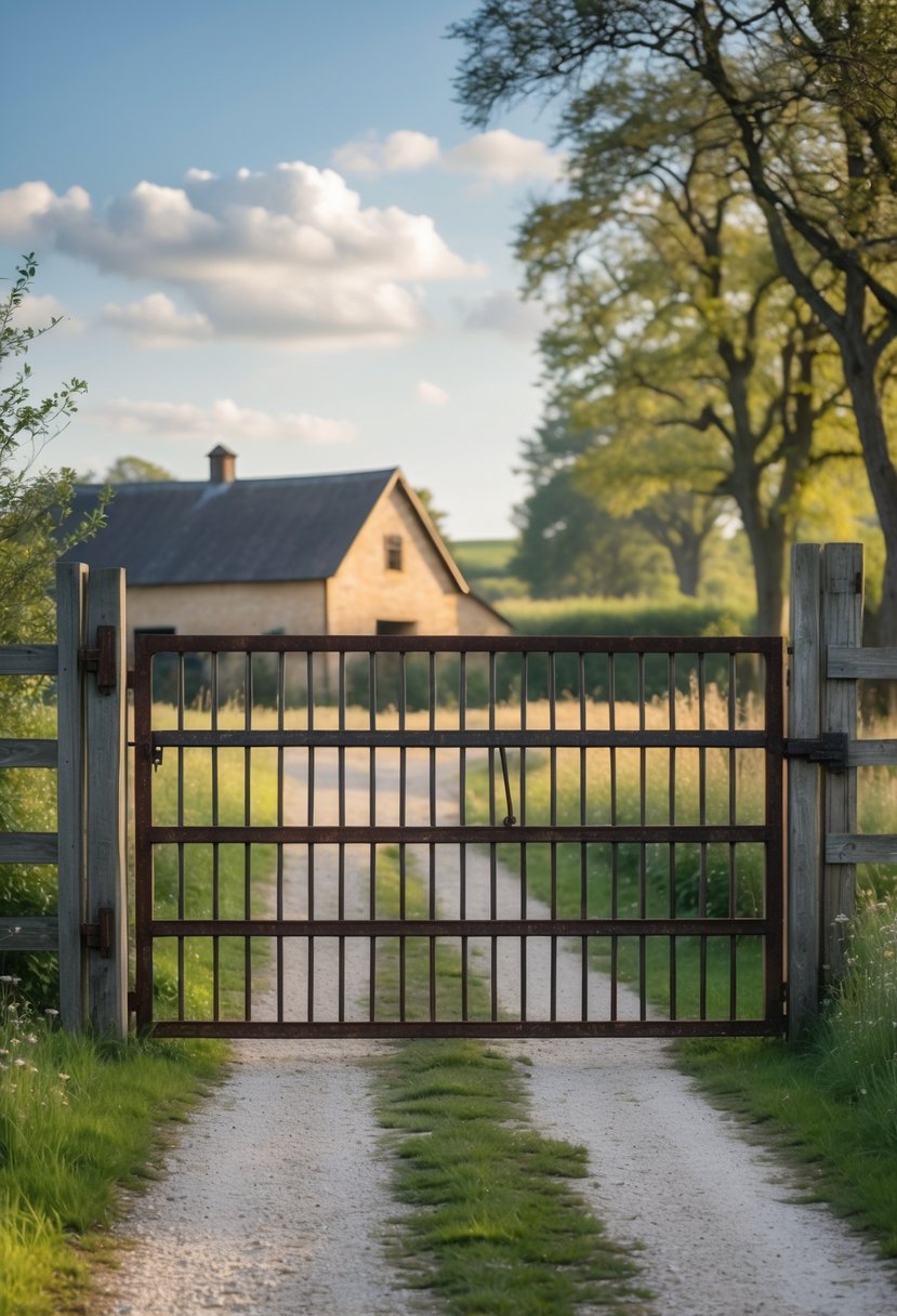 A rustic metal farm gate at the entrance of a farmhouse driveway surrounded by grass and trees under a partly cloudy sky.