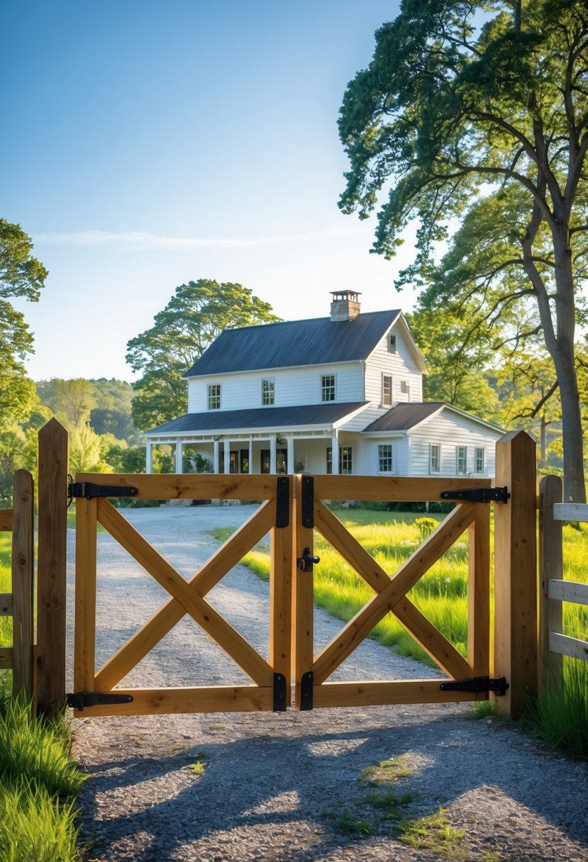 Double swinging wooden gate opening to a farmhouse driveway surrounded by grass and trees.
