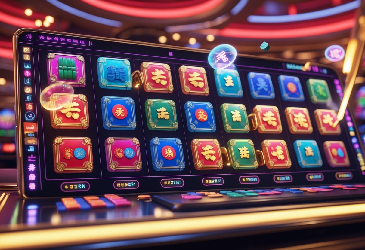 Tampilan 3D dari situs slot profesional dengan berbagai mesin slot bertema Mahjong yang berwarna-warni dan latar belakang kasino futuristik.