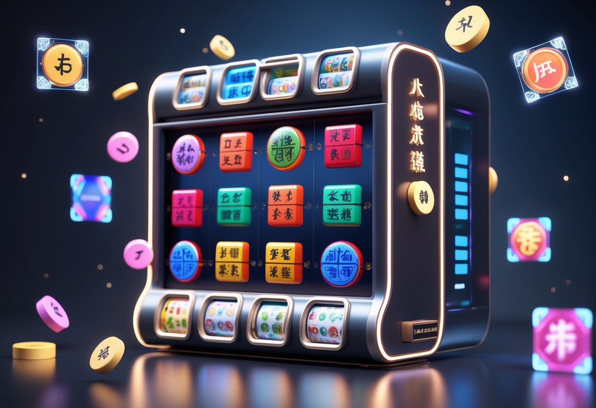 Tampilan mesin slot digital dengan simbol ubin Mahjong berwarna-warni di latar belakang gelap dengan cahaya lembut.