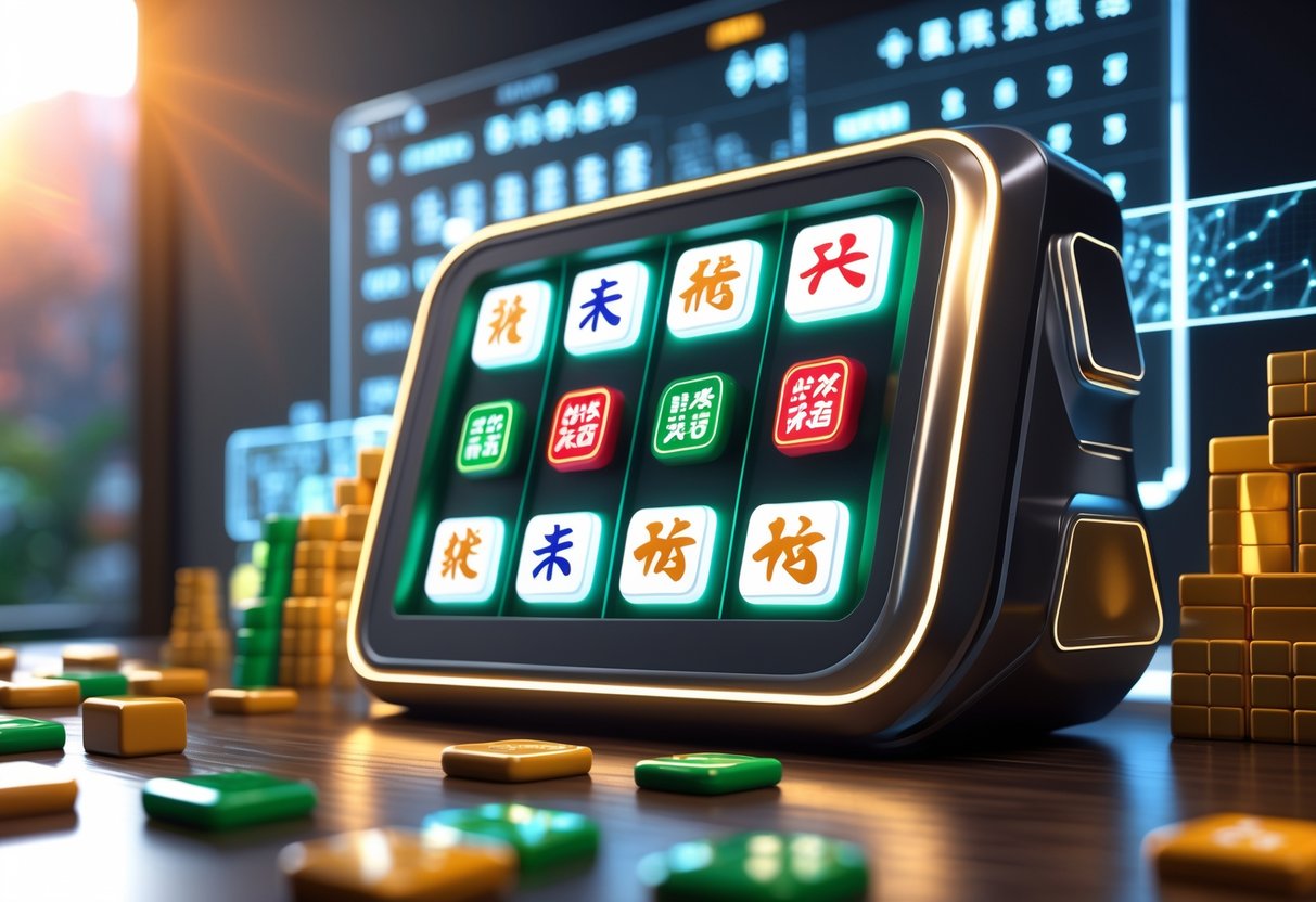 Antarmuka permainan slot Mahjong dengan mesin slot digital dan ubin Mahjong di atas permukaan kayu, dikelilingi oleh elemen holografik dan layar digital.