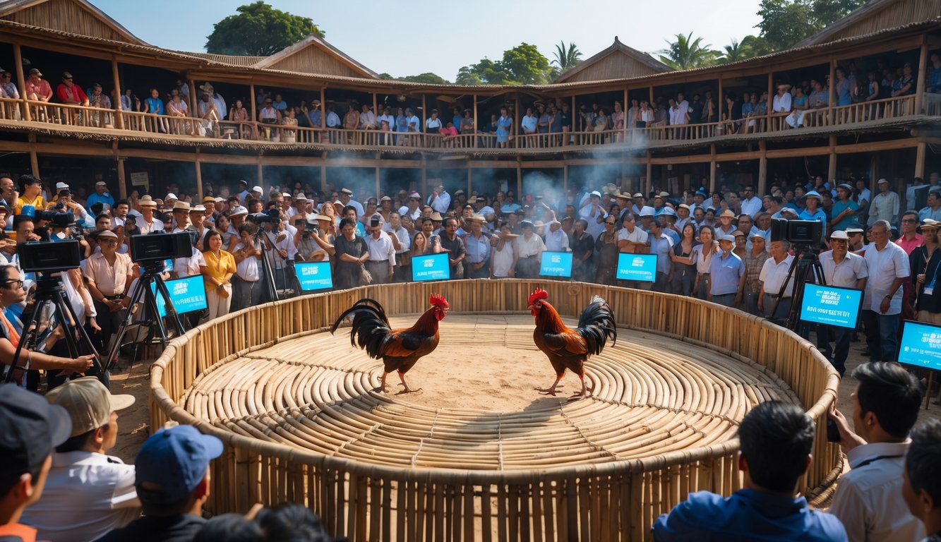 Dua ayam bertarung di arena melingkar dengan penonton mengelilingi, suasana kompetitif dan ramai.