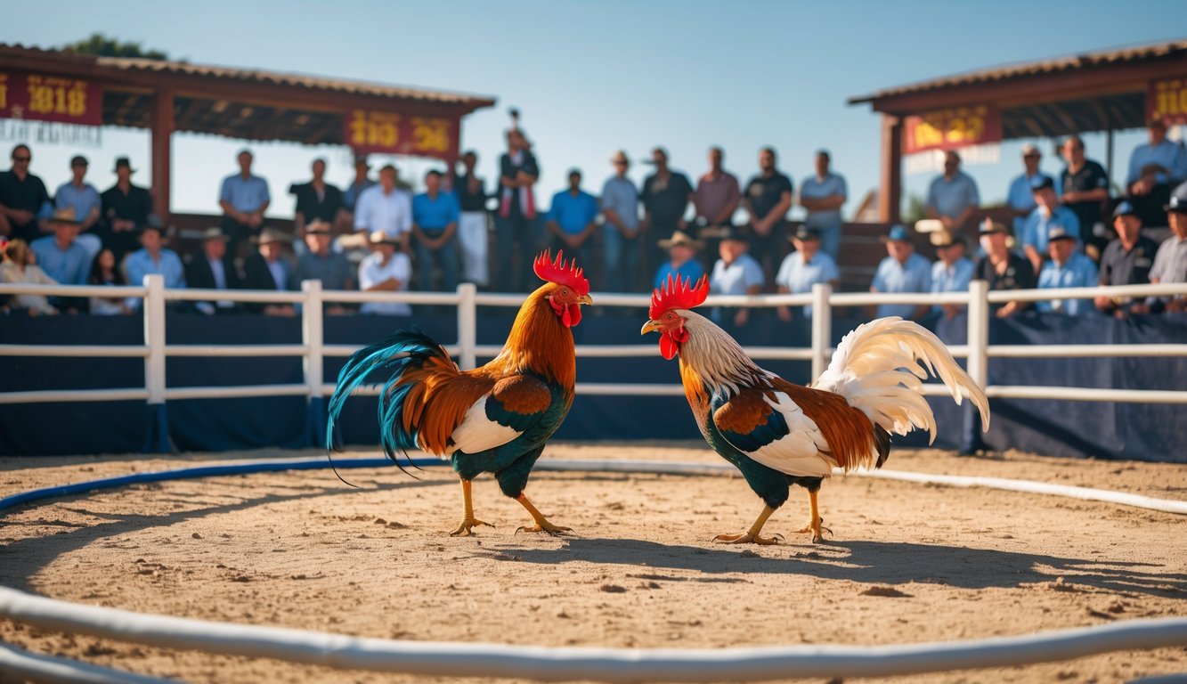Arena sabung ayam dengan dua ayam jago bertarung di tengah, dikelilingi penonton yang menyaksikan pertandingan.