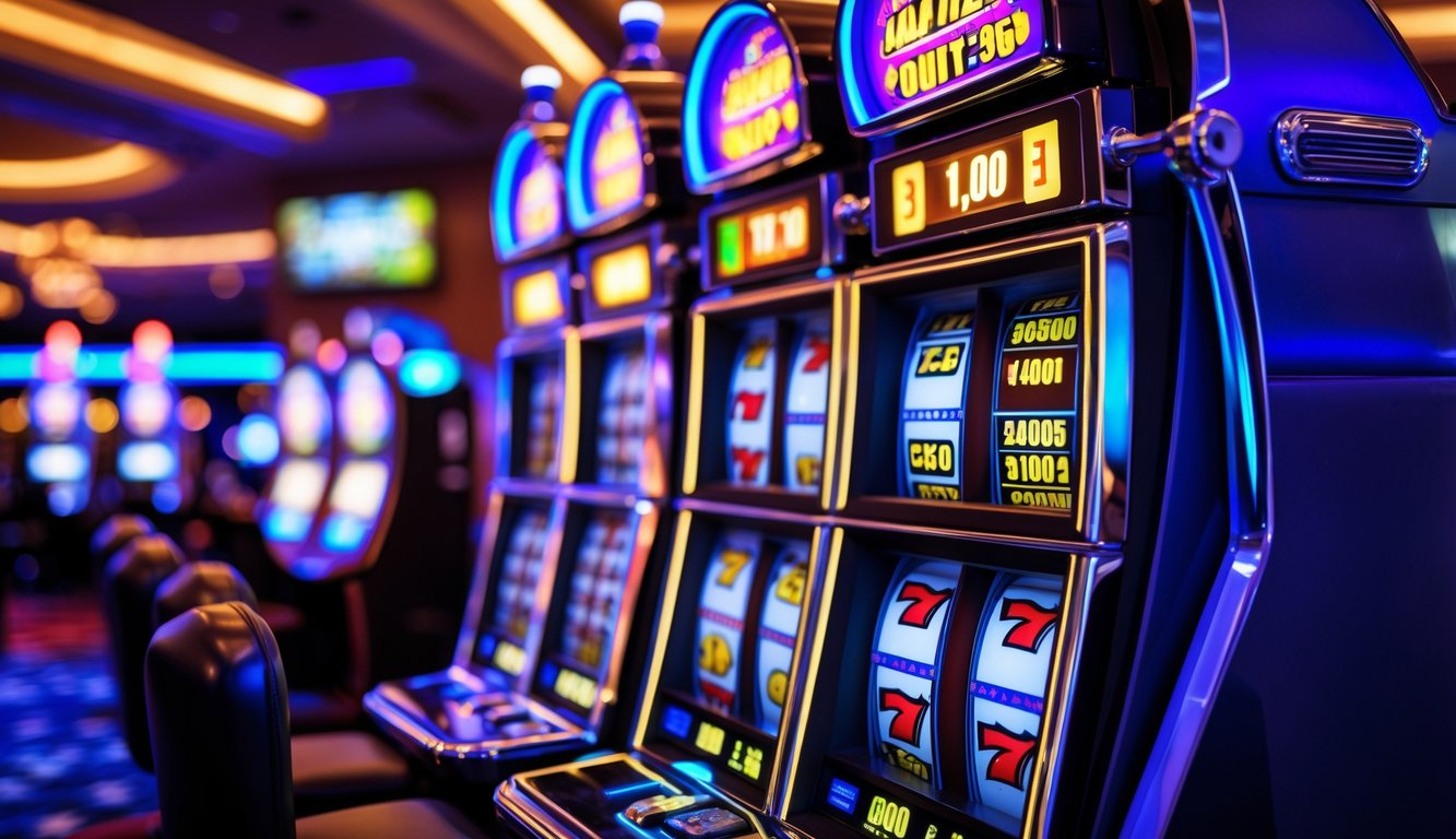 Mesin slot modern dengan lampu berwarna-warni dan tampilan digital yang menunjukkan kombinasi kemenangan di dalam kasino yang ramai.