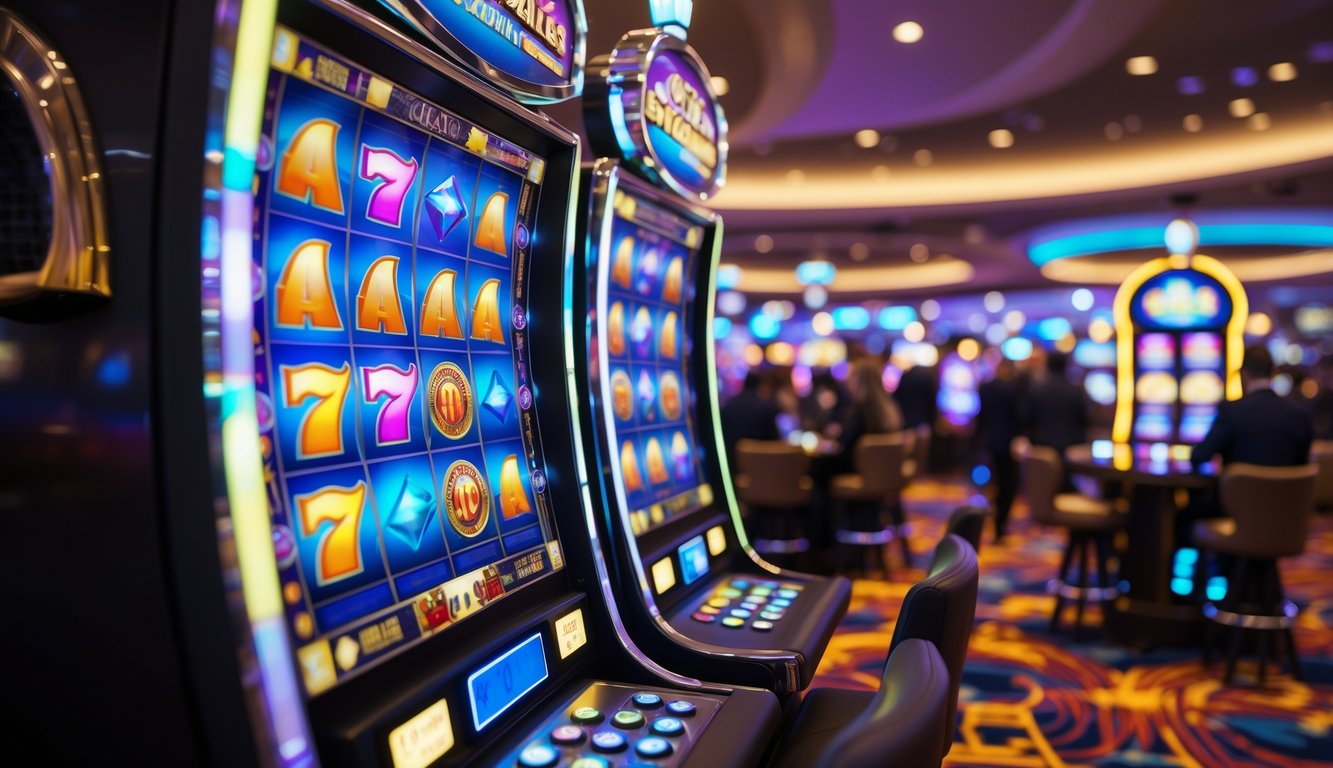 Mesin slot yang berwarna-warni dengan lampu yang menyala di dalam kasino yang ramai.