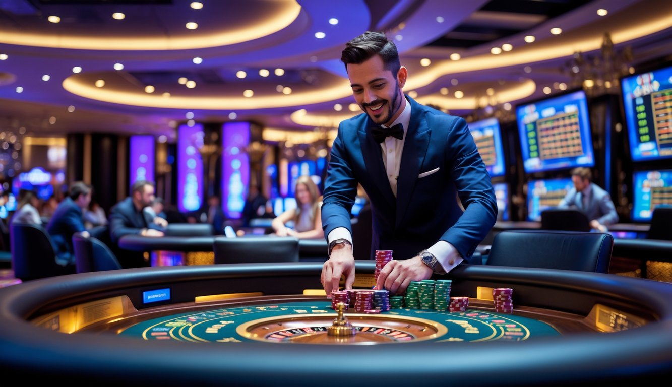 Pemandangan meja kasino langsung dengan dealer dan pemain yang sedang bermain dalam suasana yang hidup dan dinamis.