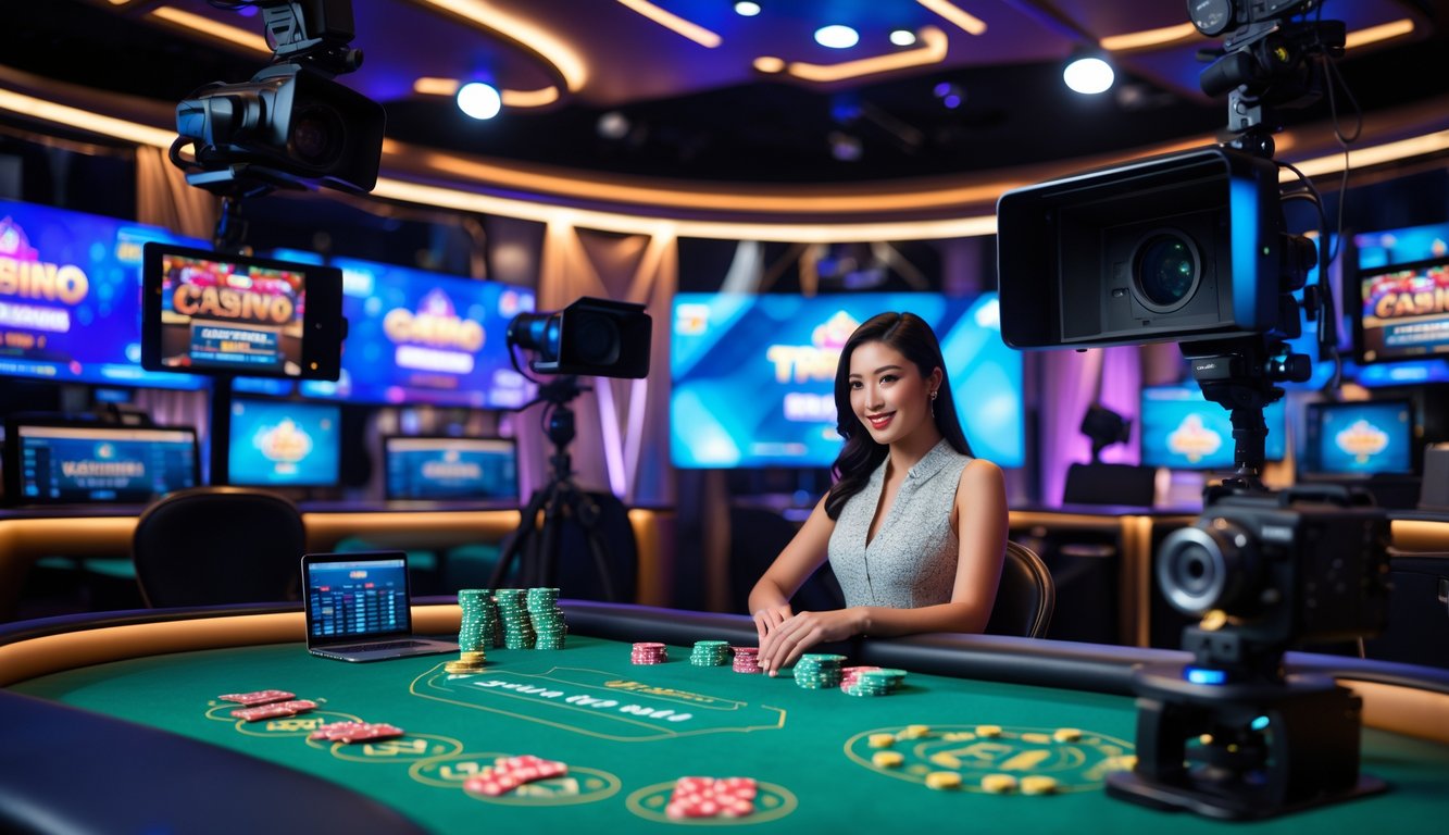 Seorang dealer wanita duduk di meja kasino dengan kartu dan chip, dikelilingi peralatan kamera dan layar monitor dalam studio streaming kasino online.