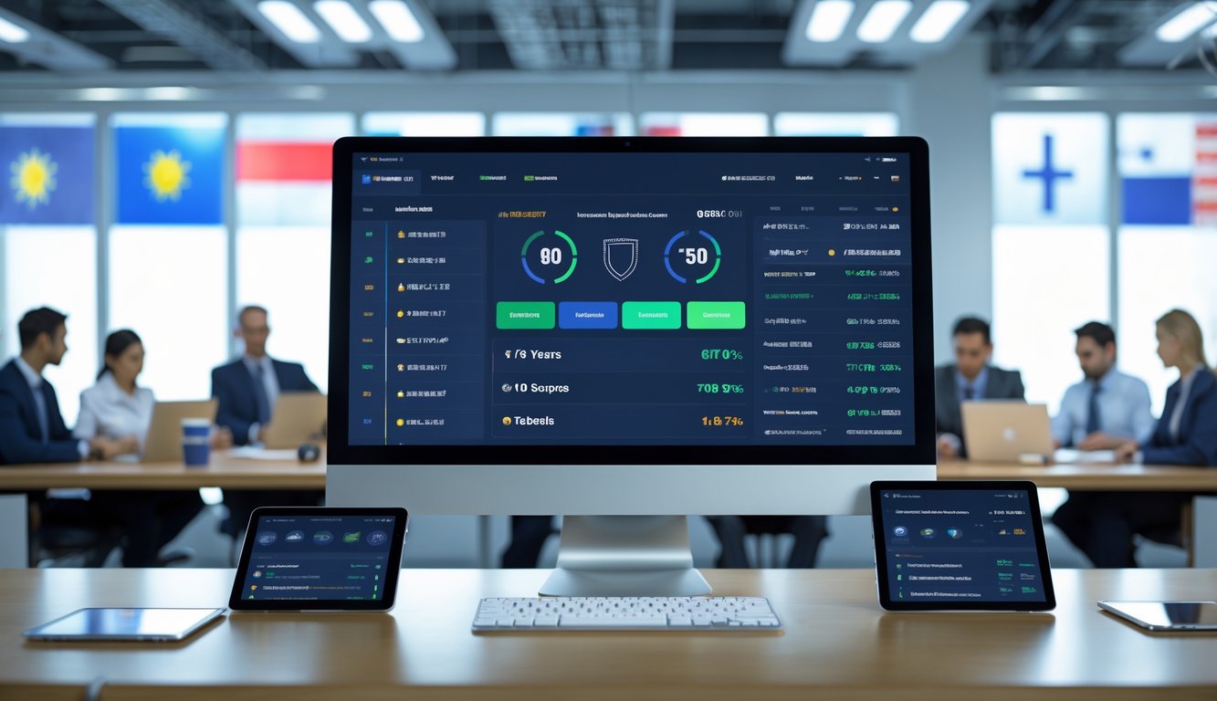 Sebuah kantor modern dengan layar komputer menampilkan informasi taruhan olahraga internasional, dikelilingi oleh profesional yang sedang berdiskusi dan menggunakan perangkat digital.