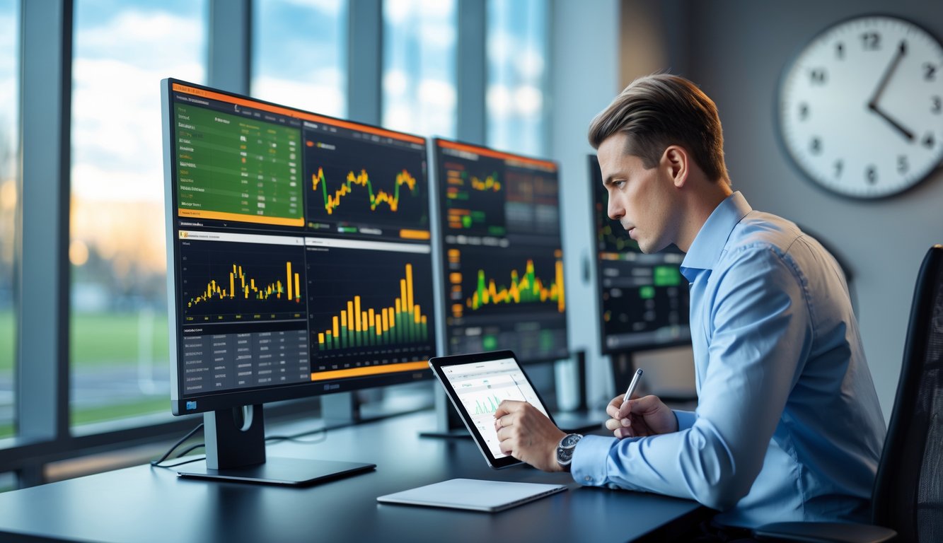 Orang di ruang kerja modern sedang memantau data pertandingan sepak bola secara langsung di beberapa layar komputer.