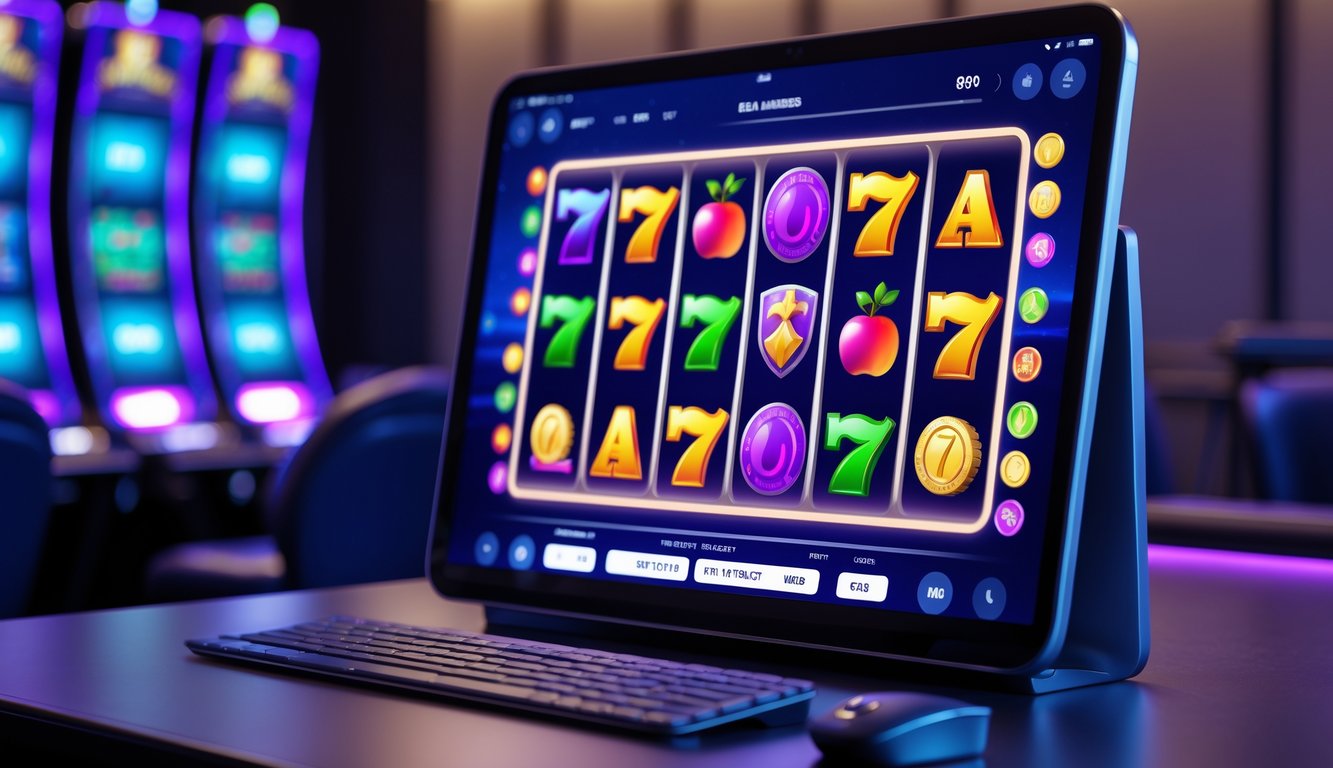 Tampilan antarmuka mesin slot online di layar komputer dengan gulungan berwarna-warni yang sedang berputar di sebuah ruangan permainan modern.