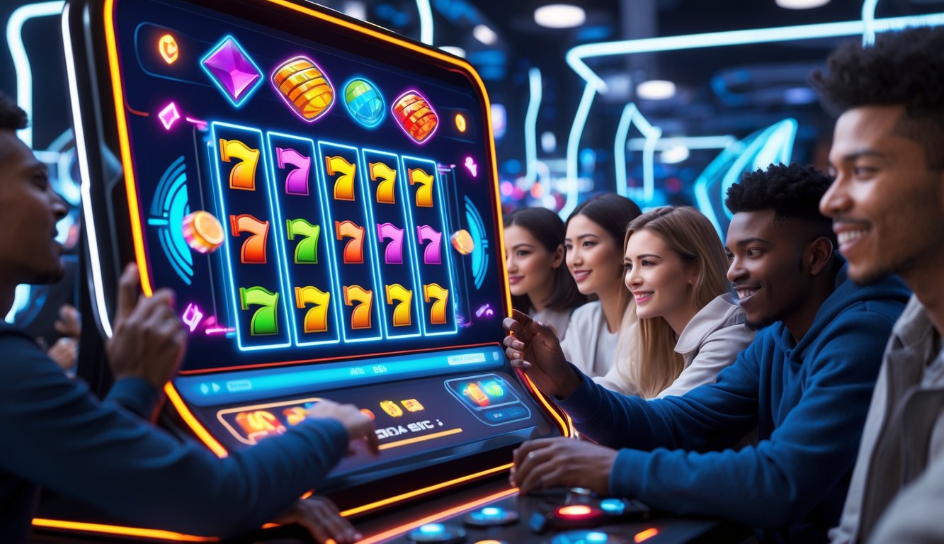 Beberapa orang muda sedang bermain permainan slot online dengan antarmuka digital yang berwarna-warni dan dinamis di layar perangkat.