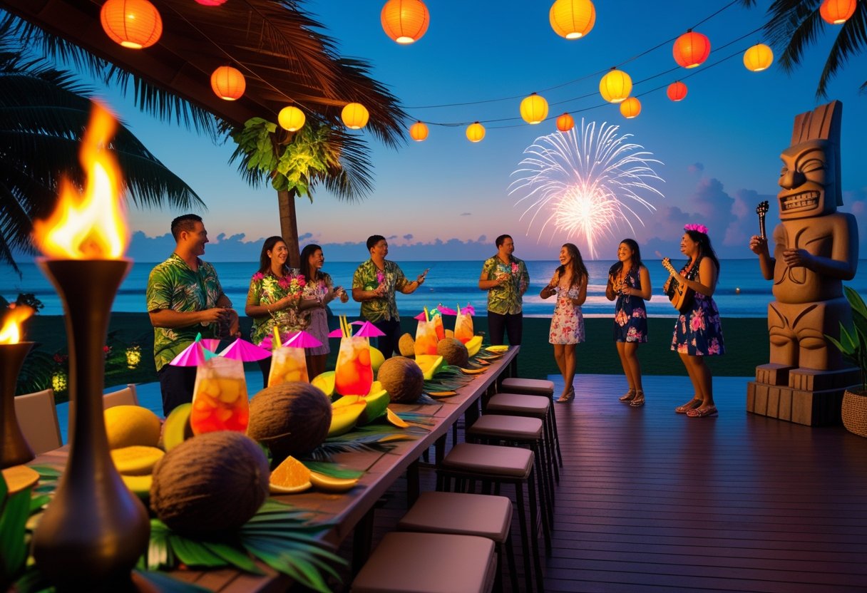 People enjoying a lively outdoor Tiki-themed New Year’s party with tropical decorations, drinks, music, and fireworks by the beach at dusk.