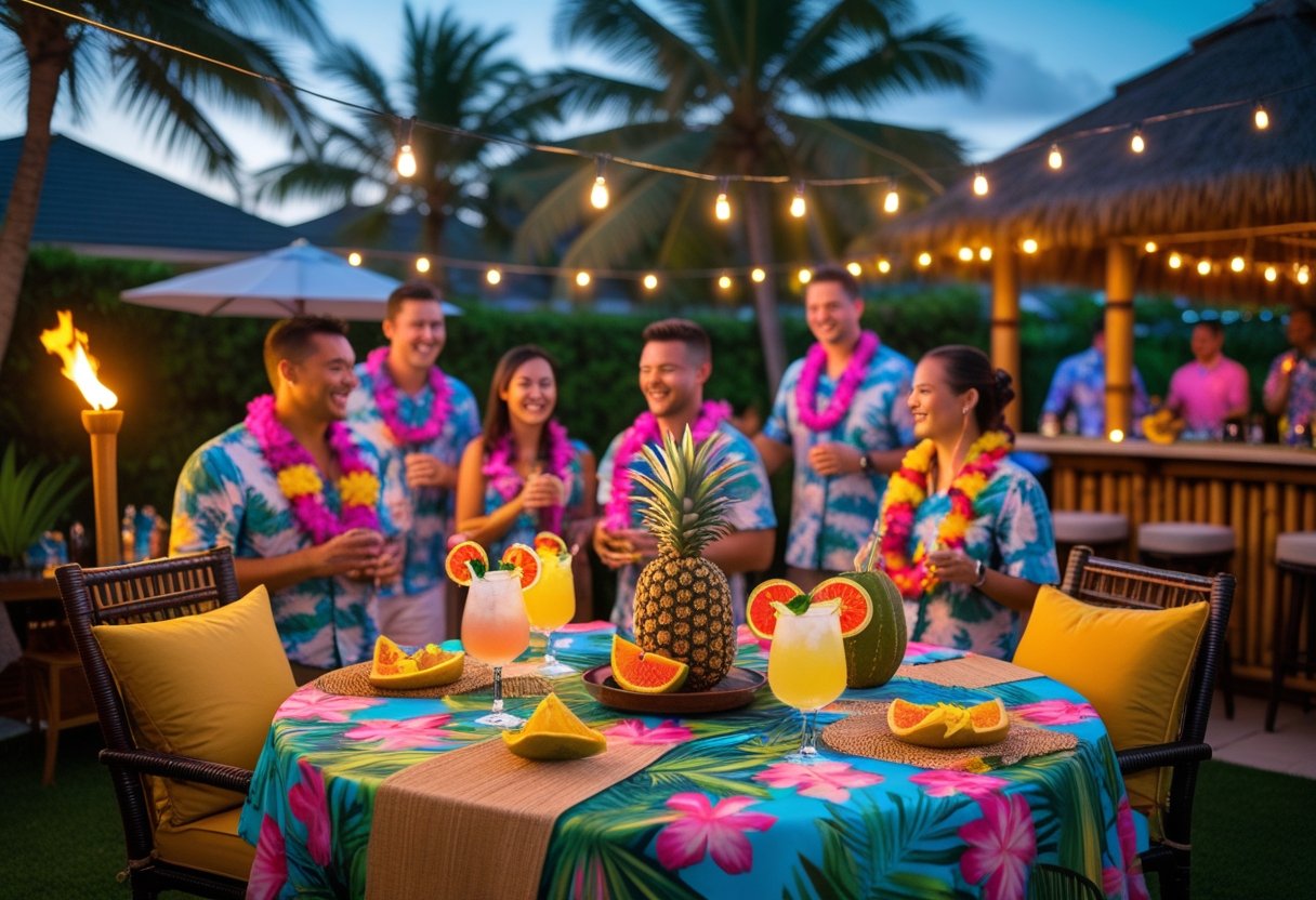 Outdoor tropical party scene with people enjoying drinks and decorations including tiki torches, string lights, and tropical fruits.