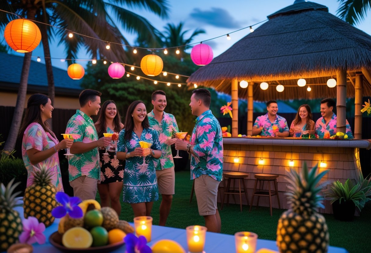 Outdoor Tiki-themed New Year's party with people enjoying tropical drinks under glowing tiki torches and string lights.
