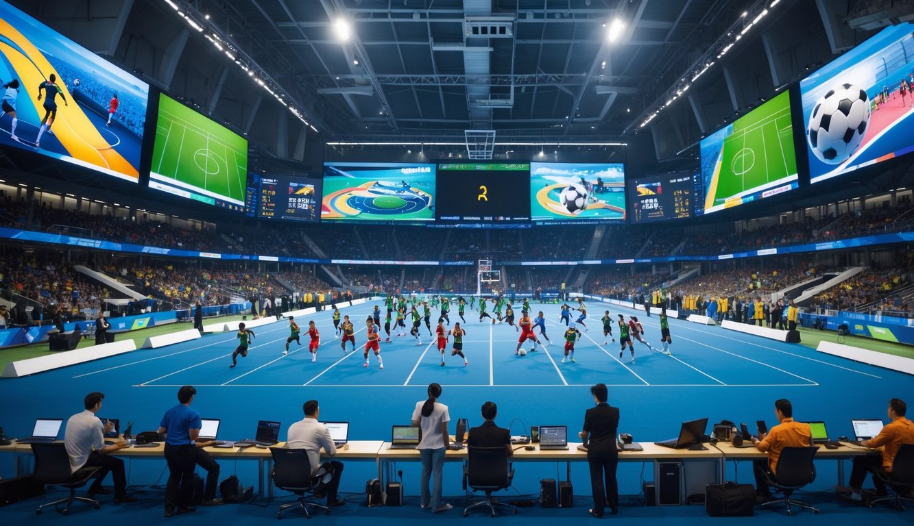 Suasana pusat acara olahraga internasional dengan atlet yang berkompetisi dan penonton yang antusias di stadion modern.