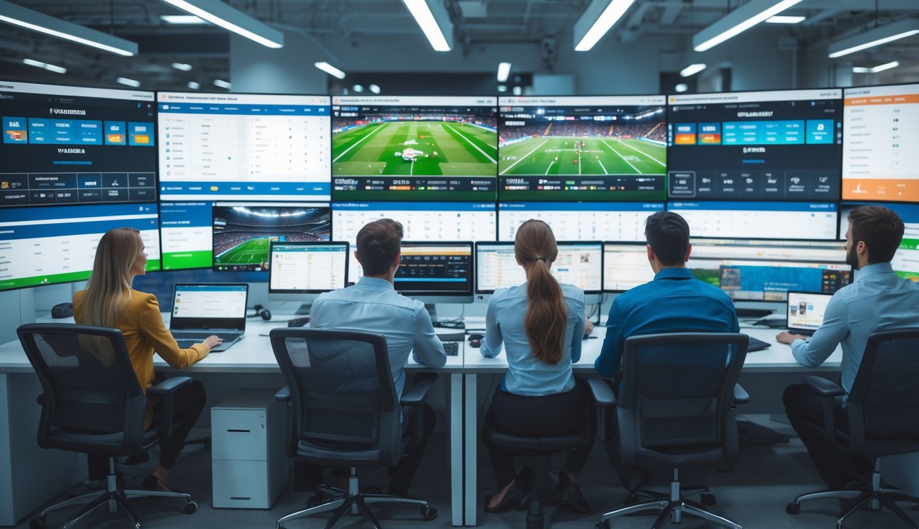 Sekelompok profesional sedang memantau pertandingan sepak bola secara real-time di layar besar di ruang kerja modern.