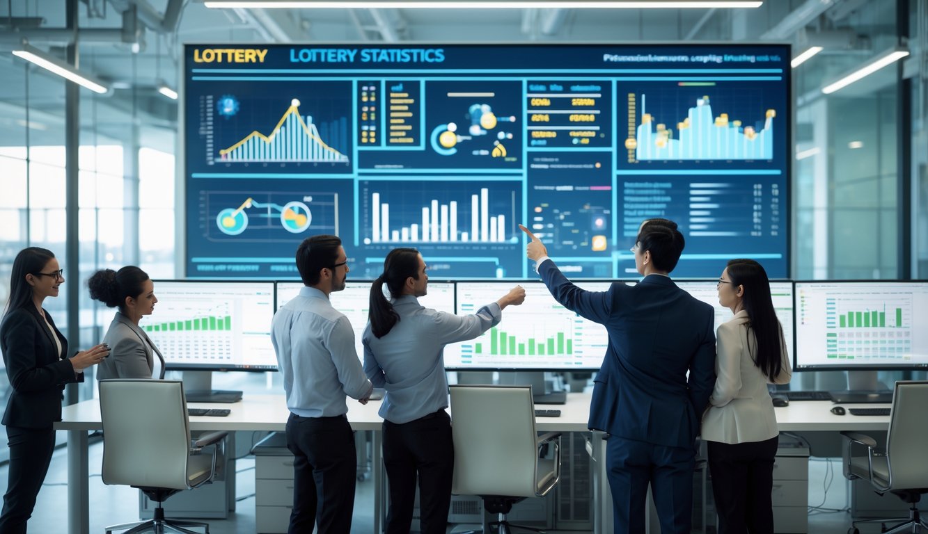 Tim profesional sedang bekerja bersama di kantor modern dengan layar digital menampilkan grafik dan data statistik togel.