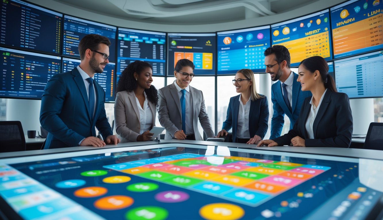 Sejumlah profesional sedang berdiskusi di kantor modern dengan layar digital yang menampilkan data pasar togel lengkap.