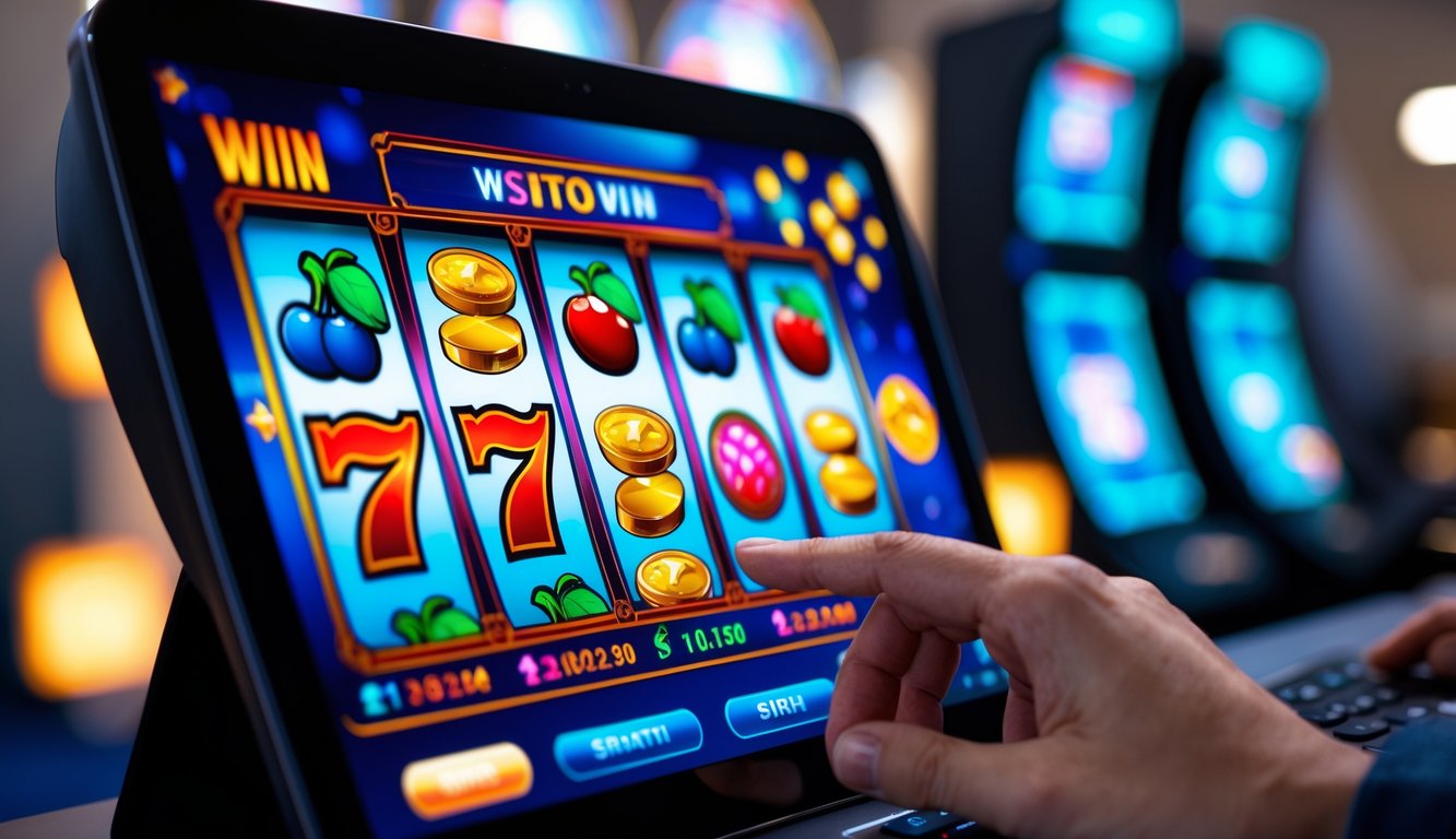 Layar perangkat menampilkan mesin slot online dengan simbol warna-warni dan tangan pengguna yang sedang berinteraksi.