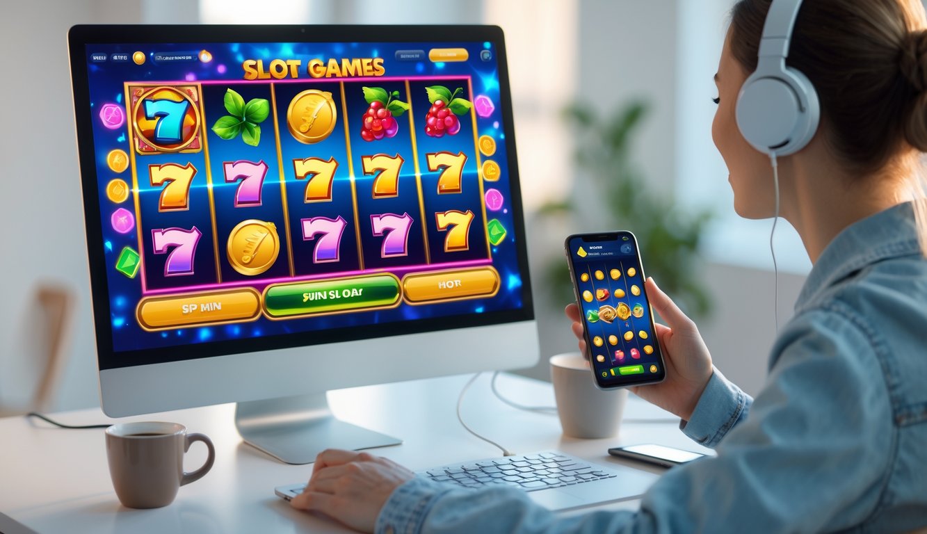 Seseorang sedang bermain permainan slot online modern dengan tampilan warna-warni pada komputer dan ponsel di ruang kerja yang terang.