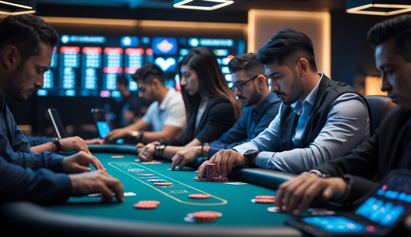 Beberapa pemain duduk di meja poker kompetitif dengan perangkat digital, fokus pada permainan poker online.