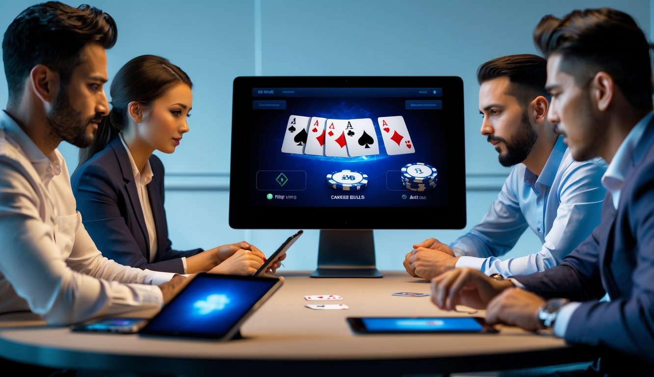 Sejumlah pemain poker online profesional sedang bermain dengan serius di depan komputer dan perangkat digital di meja yang terang.
