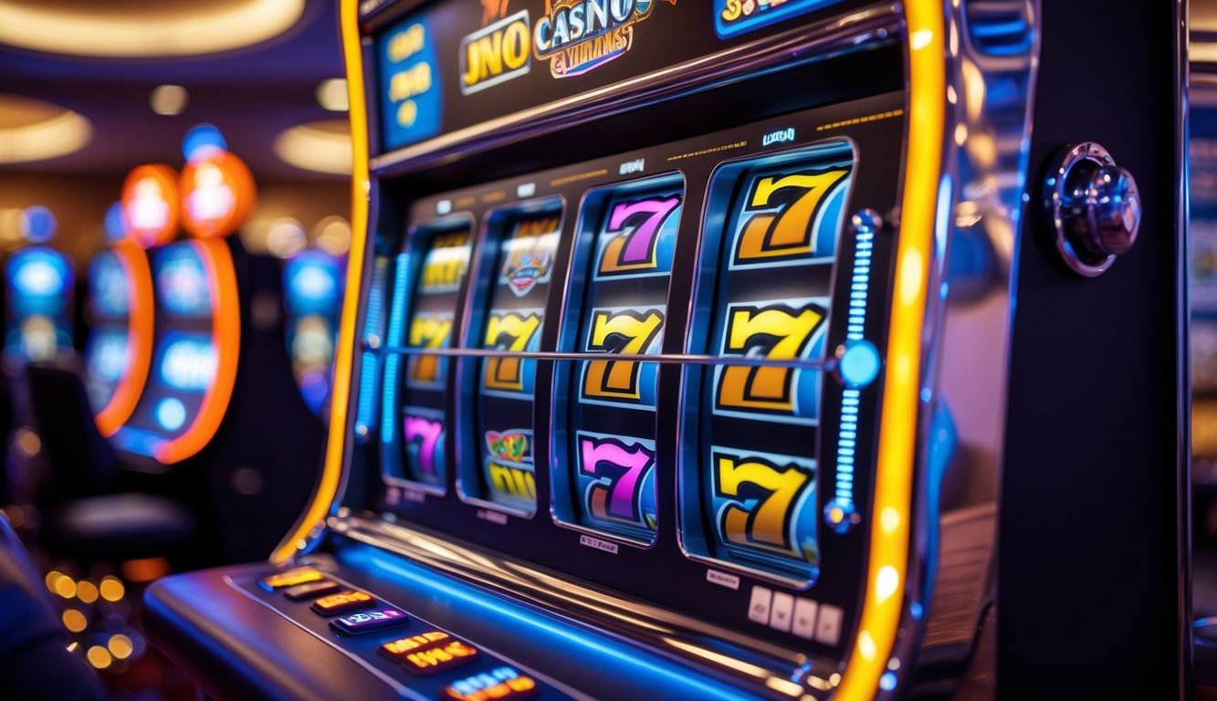 Mesin slot modern yang menyala dengan pola kemenangan yang konsisten di dalam kasino.