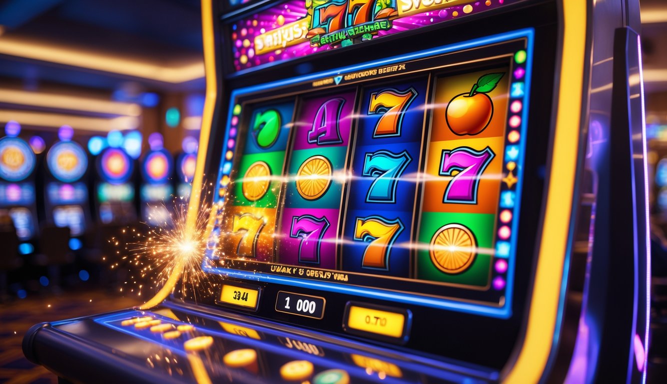 Mesin slot berwarna-warni dengan efek bonus interaktif di kasino modern