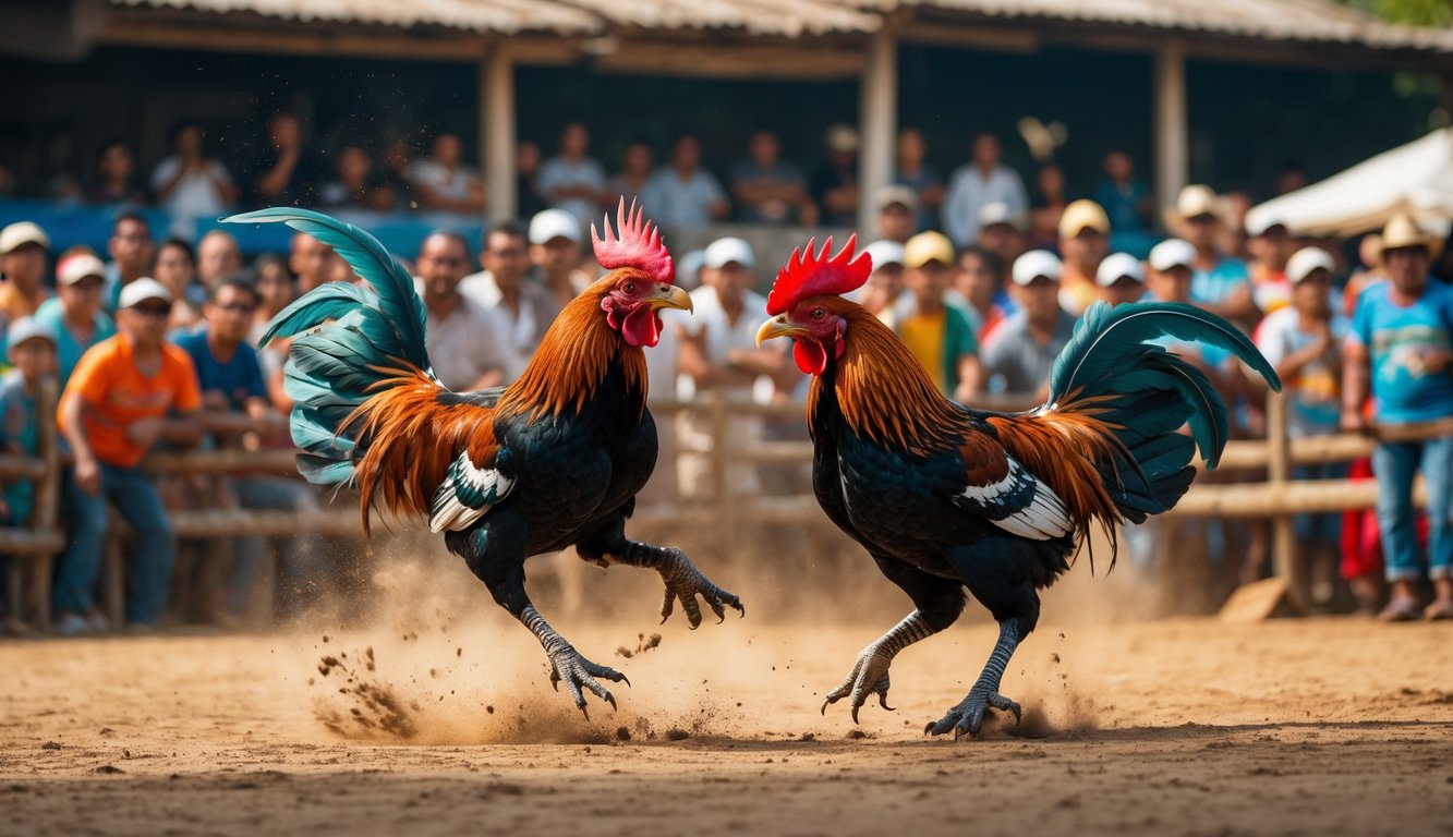 Dua ayam jago sedang bertarung di arena terbuka dengan kerumunan orang yang menonton dengan antusias.