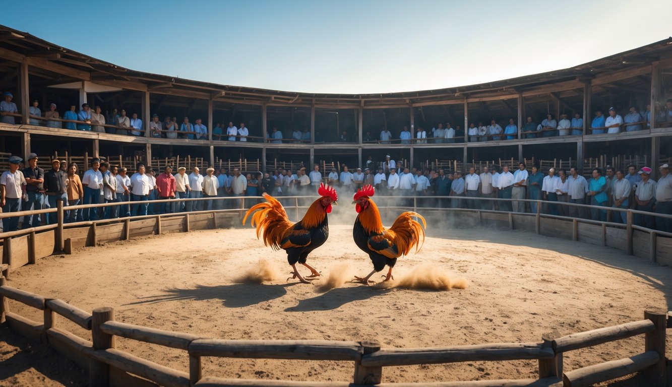 Arena sabung ayam dengan dua ayam jago bertarung di tengah dan penonton mengelilingi arena.