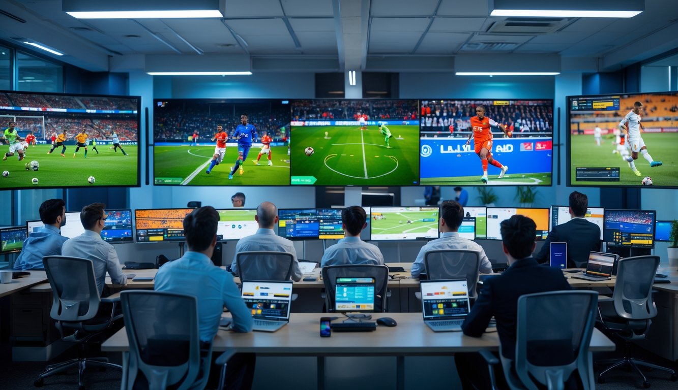 Seorang profesional sedang memantau pertandingan olahraga secara langsung di layar besar di kantor modern.