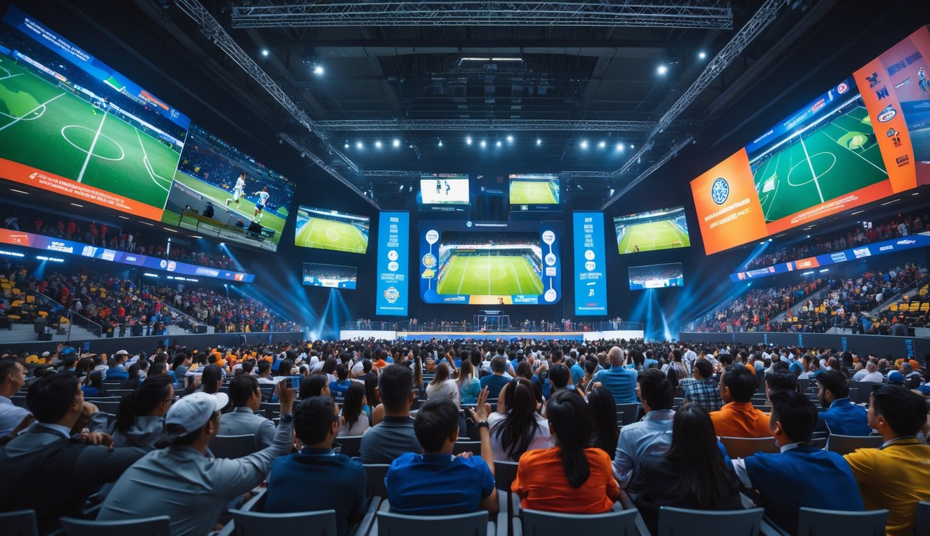 Suasana pusat acara olahraga internasional dengan penonton bersemangat menonton pertandingan di layar besar dan bendera berbagai negara.