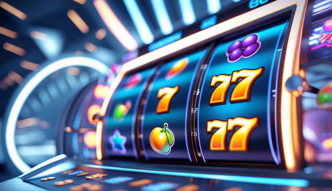 Antarmuka mesin slot online dengan gulungan berputar yang berwarna-warni dan latar belakang modern yang bercahaya.