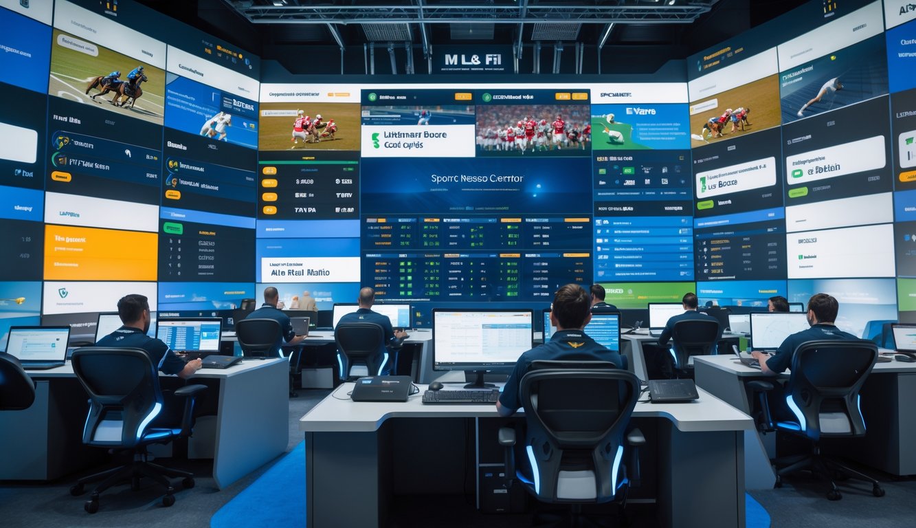 Pusat pertandingan olahraga modern dengan beberapa layar besar menampilkan skor dan statistik secara real-time, di dalam ruangan teknologi tinggi dengan beberapa orang yang sedang bekerja.