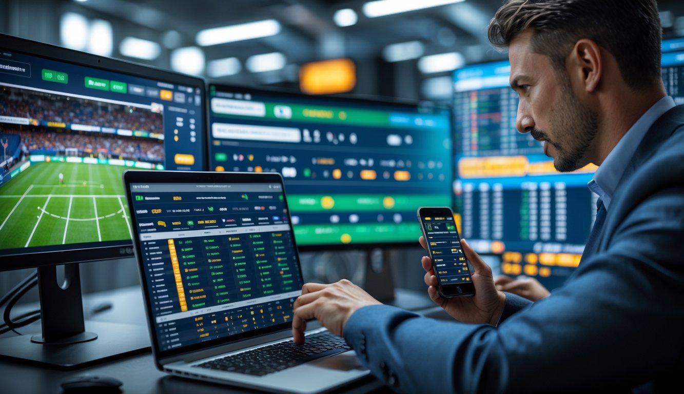 Seseorang menggunakan laptop dan ponsel di meja kerja dengan beberapa layar menampilkan pertandingan olahraga secara langsung dan statistik.