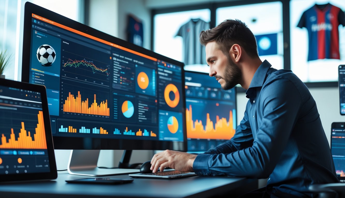 Seorang analis olahraga sedang bekerja di depan komputer dengan data dan grafik pertandingan sepak bola yang ditampilkan di layar.