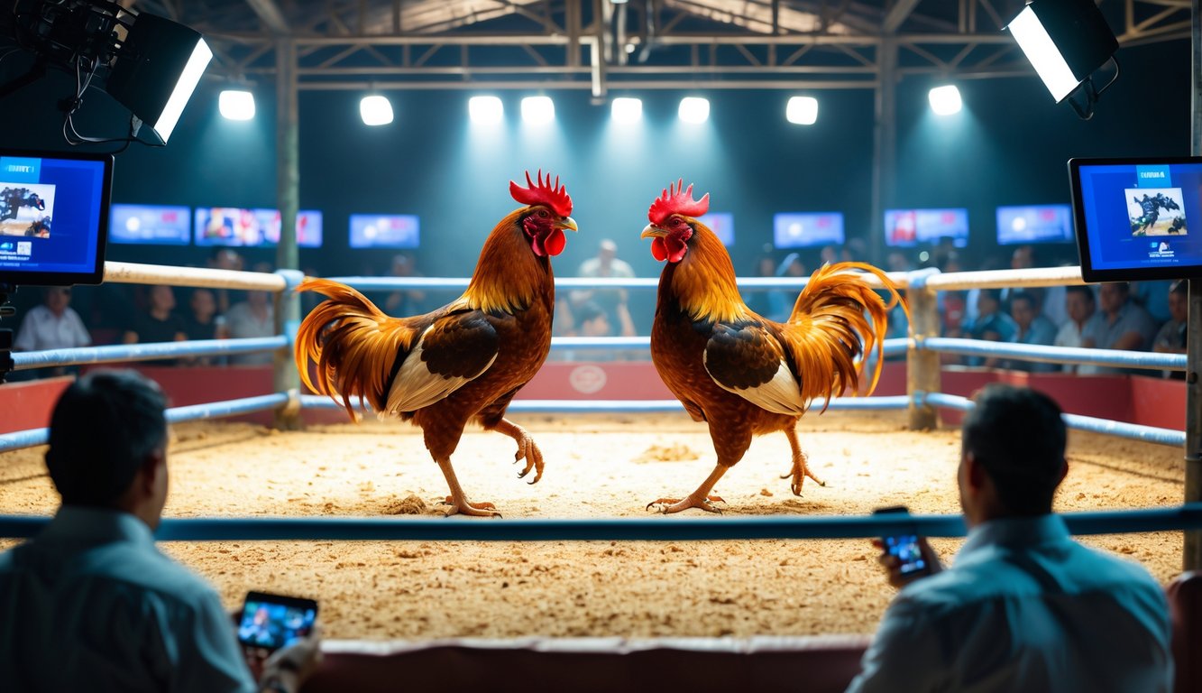 Dua ayam jantan sedang bertarung di arena dengan penonton dan peralatan teknologi untuk siaran langsung.