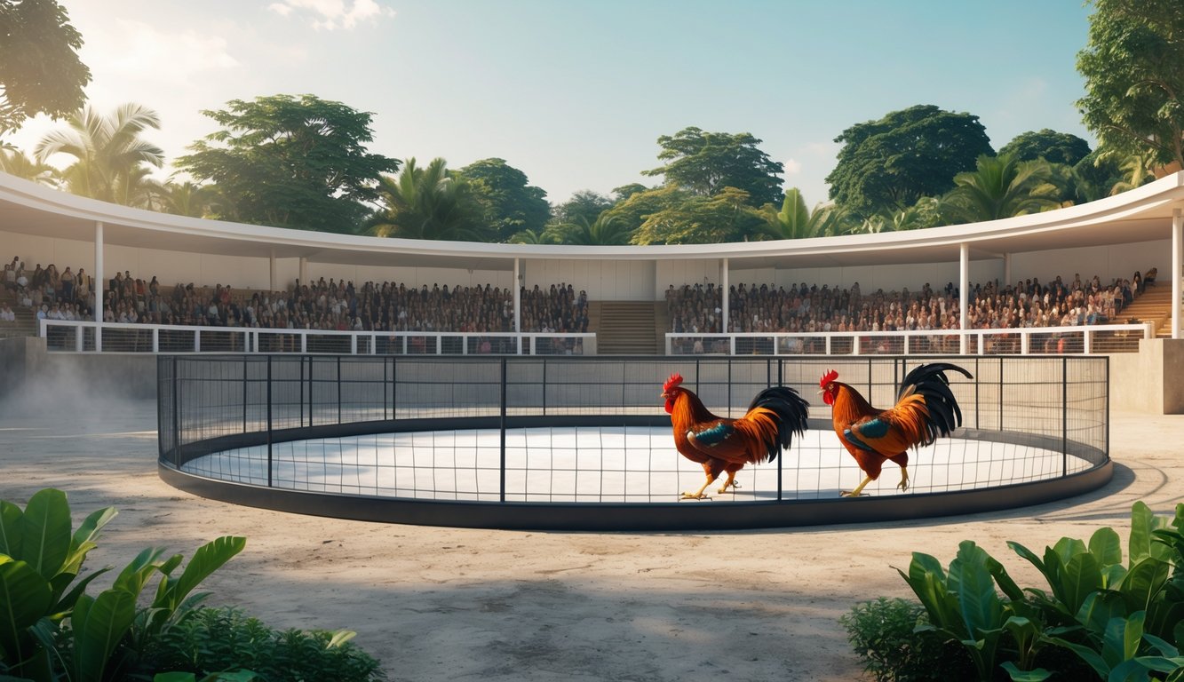 Arena adu ayam dengan dua ayam jago bertarung di tengah, dikelilingi penonton dan lingkungan hijau.