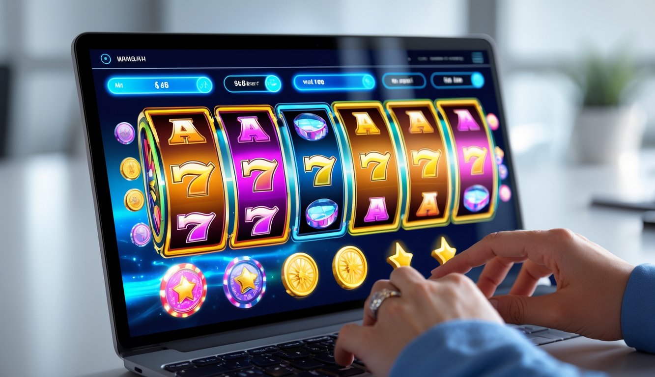 Seseorang menggunakan perangkat digital menampilkan mesin slot online dengan fitur bonus berwarna-warni.