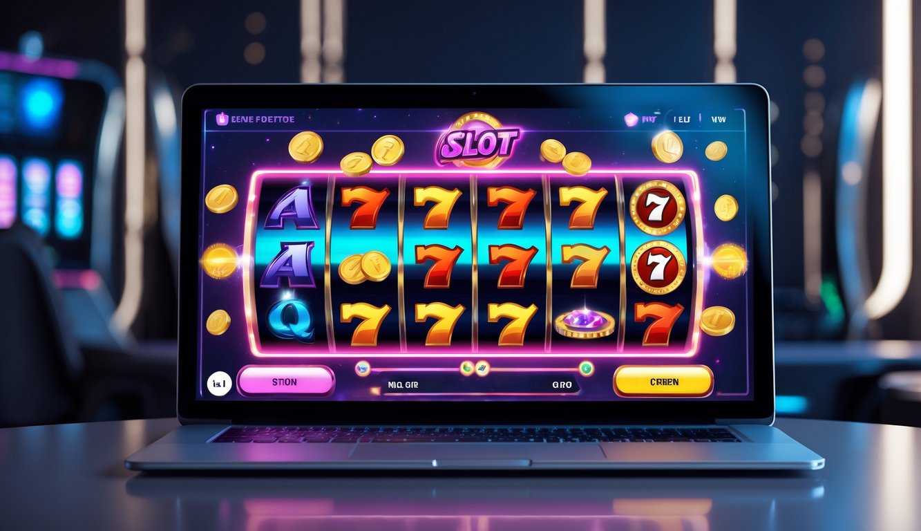 Antarmuka mesin slot online modern dengan tampilan visual yang menarik dan warna-warna cerah di layar komputer.