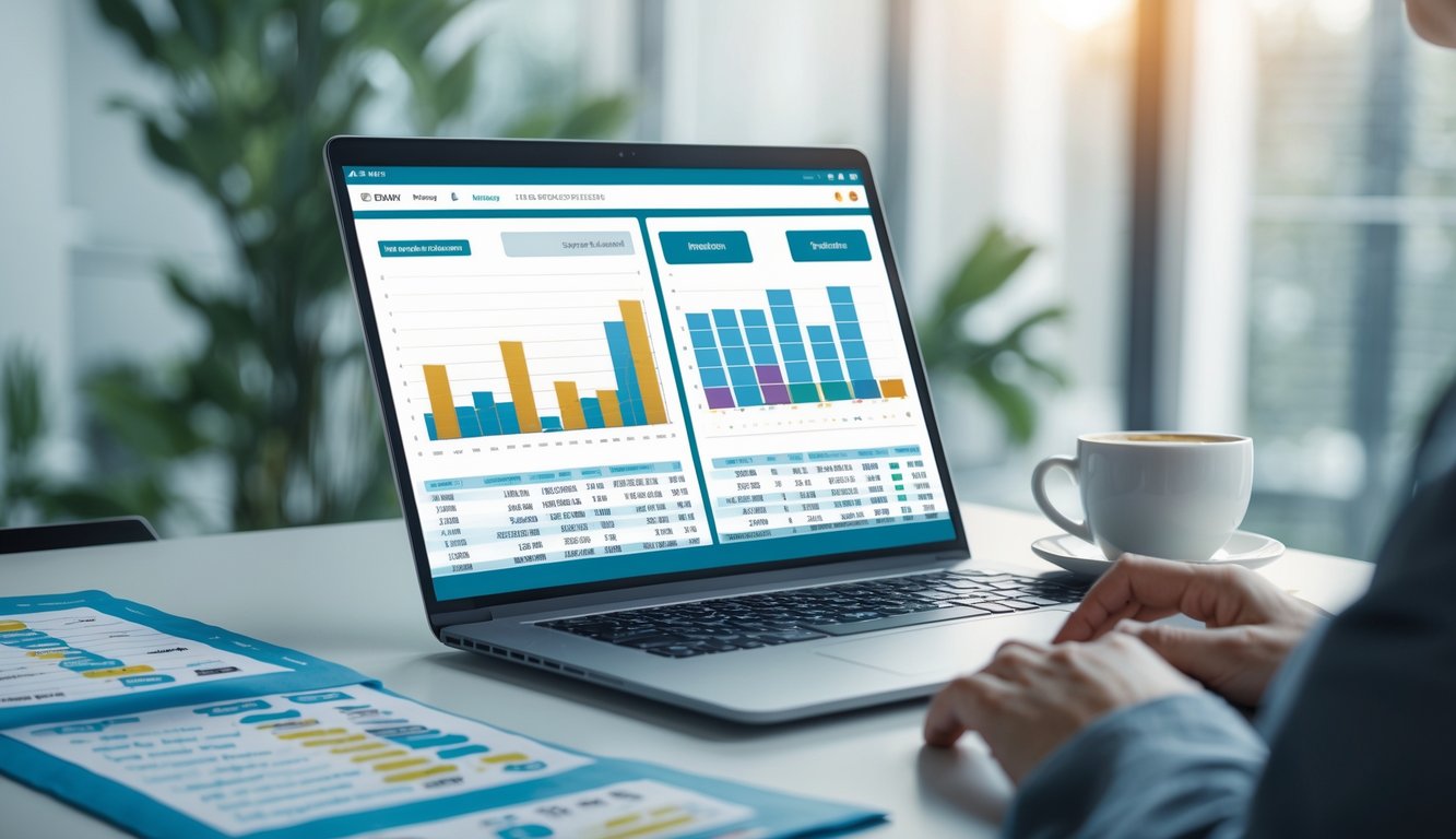 Seorang profesional bekerja di depan laptop dengan grafik dan tabel hasil togel online yang terorganisir rapi di meja kerja.