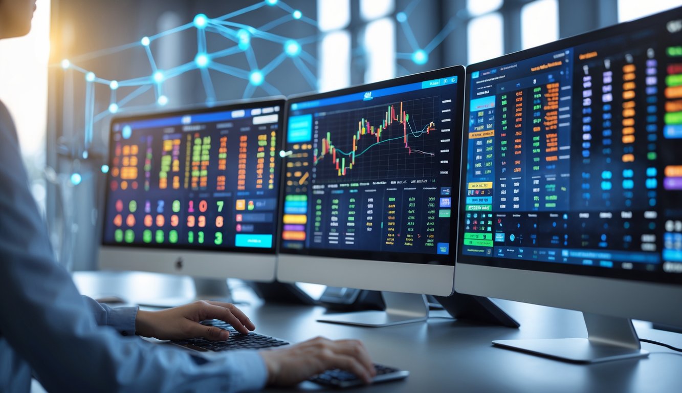 Seseorang sedang memantau angka togel online secara real-time di depan beberapa layar komputer di ruang kerja modern.