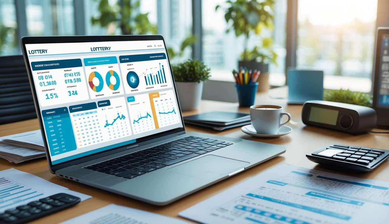 Sebuah ruang kerja modern dengan laptop yang menampilkan grafik dan data statistik, dikelilingi dokumen dan kalkulator, menggambarkan analisis data togel online berbasis statistik harian.