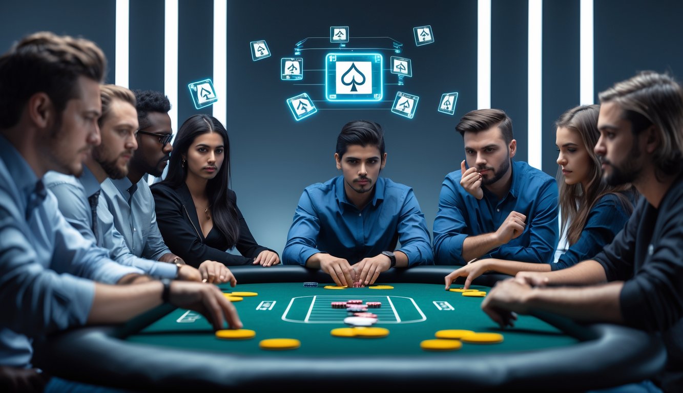 Beberapa pemain poker serius berkumpul di sekitar meja poker modern dengan elemen digital di atas meja, menunjukkan suasana permainan poker online yang kompetitif dan taktis.