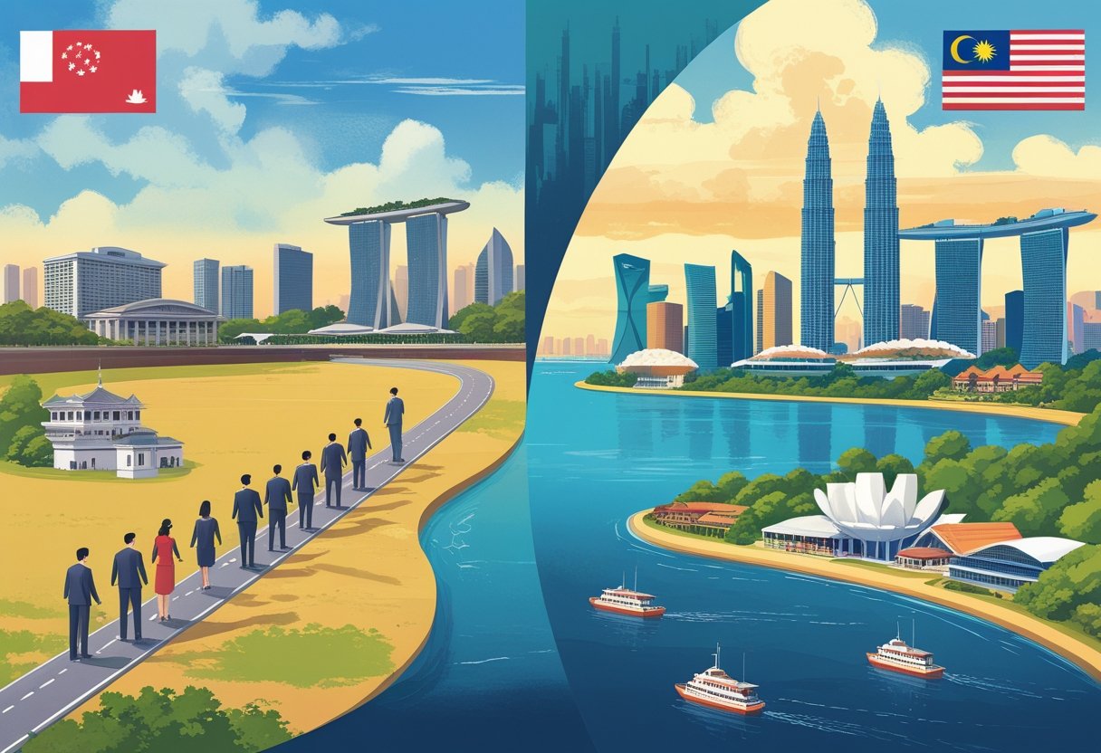 A split scene showing the historical connection and separation between Singapore and Malaysia, with people shaking hands over a map on one side and modern cityscapes and cultural landmarks representing each country on the other.
