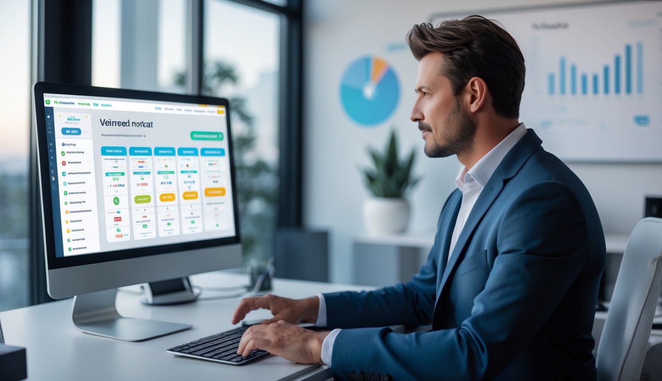 Seorang profesional sedang menggunakan komputer di kantor modern dengan tampilan antarmuka lotere digital dan suasana kerja yang rapi.