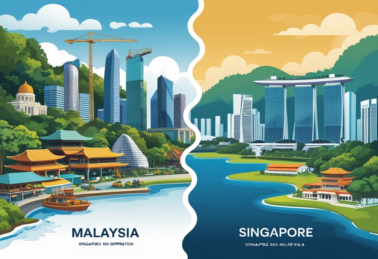 A split illustration showing Malaysia with rainforests and traditional buildings on one side, and Singapore with modern skyscrapers and green urban spaces on the other, representing their differences after separation.