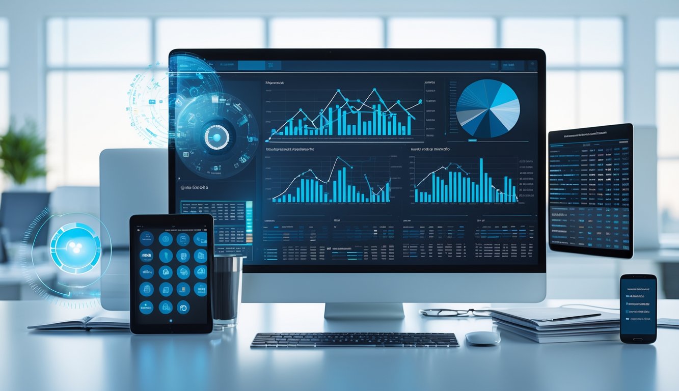 Sebuah ruang kerja modern dengan komputer menampilkan grafik dan data akurat, dikelilingi perangkat teknologi dan dokumen, menggambarkan analisis data yang tepat.