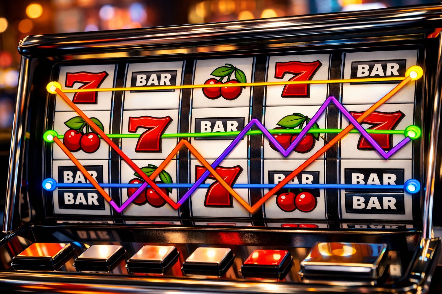 Close-up of a slot machine with colorful lines highlighting different paylines across the reels.