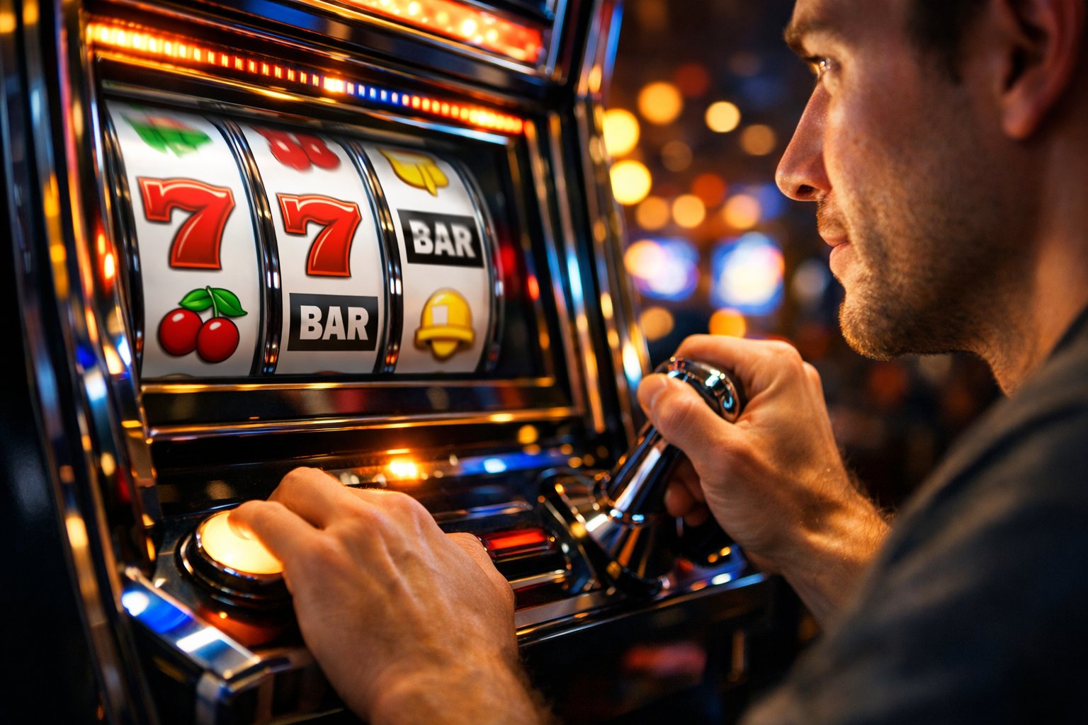 Close-up of a person playing a brightly lit slot machine in a lively casino, focusing on their hands and the colorful spinning reels.